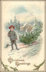 Christmas Greetings - Boy with Sled and Christmas Tree Postcard
