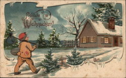 Frohliche Weihnachten - Merry Christmas - Snowy Scene Postcard