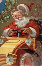 Glad Christmas Greetings - Santa Claus Driving a Car Postcard