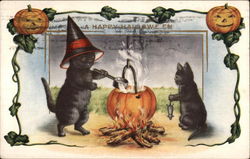 A Happy Halloween - Black Cats and Pumpkin Cauldron Postcard
