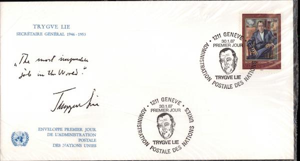 Trygve Lie, Secretaire General 1946-1953; 30.1.87 First Day Covers