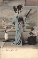 Japanese Girl, Wearing Kimono, at Toilet Postcard