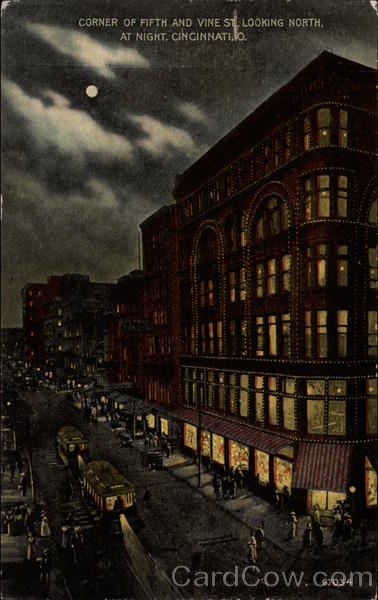 Corner of Fifth and Vine St. looking North at night Cincinnati Ohio