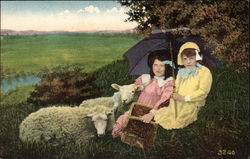 Two Children Relaxing in a Field with Sheep Postcard