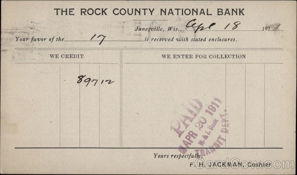 Rock County National Bank Receipt Postal Cards