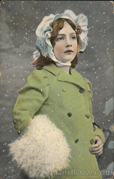 Girl in Green Winter Coat and Bonnet with Muff Girls