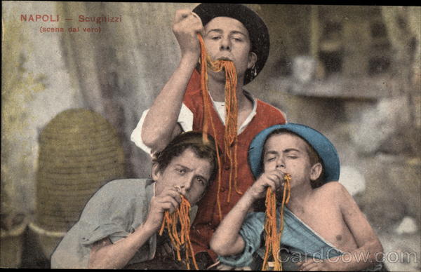 Three boys Eating Spaghetti Napoli Italy