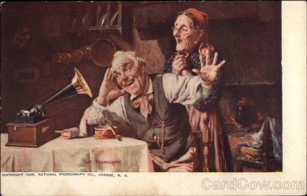 Old Couple Listening to Phonograph Advertising