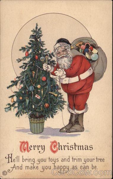 Santa with Bag of Toys and Christmas Tree Santa Claus