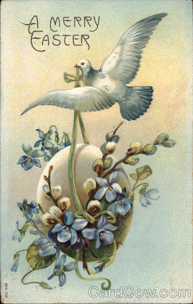 A Merry Easter - Dove Carrying Egg with Flowers Eggs