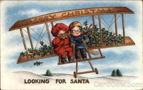 Merry Christmas - Looking for Santa - Children with Bi-plane