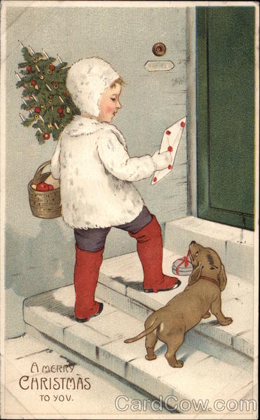 Child and Dog Delivering Christmas Tree/Letter Children
