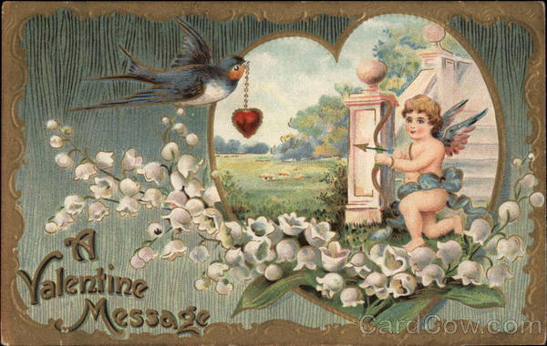Cupid Aims Arrow at Heart Held by Bird