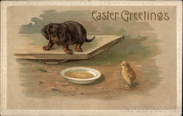 Easter Greetings - Chick and Dog With Chicks