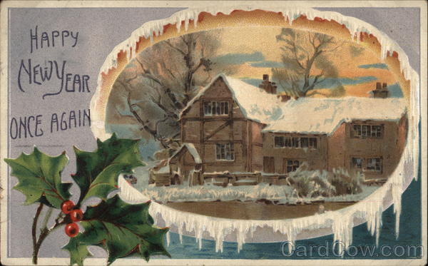 Snowy House with Sprig of Holly New Year's