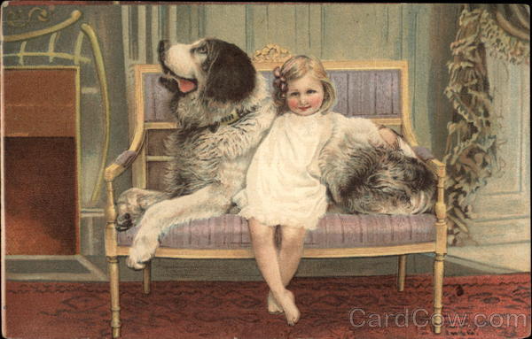 Young Girl and St. Bernard Saint Bernards