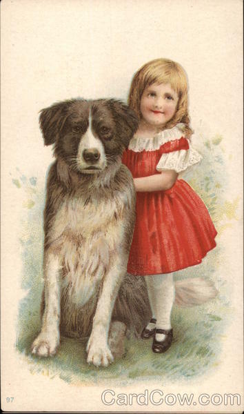 Girl in Red Dress with Dog Saint Bernards