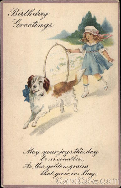 Birthday Greetings - Girl with Hoop and Dog Saint Bernards