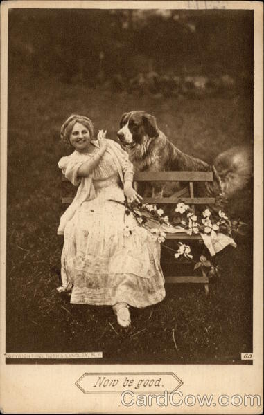 Woman on Bench with Flowers and Dog Saint Bernards
