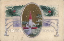 A Merry Christmas - Church and Holly Postcard