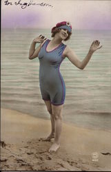 Woman in Blue Bathing Suit Postcard