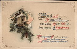 Birdhouse in Pine Tree, With Christmas Greeting Postcard