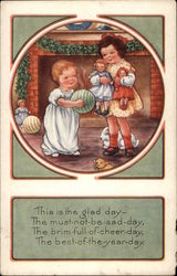 Two Children in Front of Fireplace Postcard