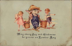 Children with Easter Bunny Carrying Baskets Postcard