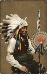 Native American with Large Headdress and Full Costume Postcard