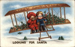 Merry Christmas - Looking for Santa - Children with Bi-plane Postcard