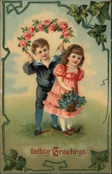 Birthday Greetings - Boy and Girl with Flowers Postcard