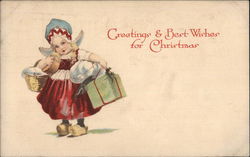 Greetings & Best Wishes for Christmas - Dutch Girl with Gifts Postcard