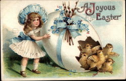 A Joyous Easter - Young Girl with Egg and Chicks Postcard