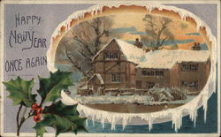 Snowy House with Sprig of Holly Postcard