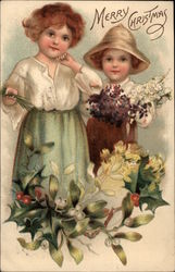 Merry Christmas - Boy and Girl with Flowers Postcard