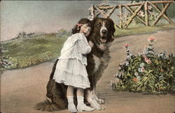 Girl Hugging Dog Saint Bernards Postcard Postcard