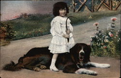 Child with Her Dog Saint Bernards Postcard Postcard