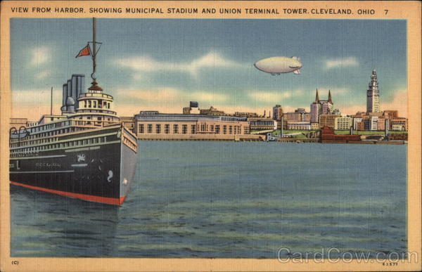 View From Harbor, Showing Municipal Stadium and Union Terminal Tower Cleveland Ohio