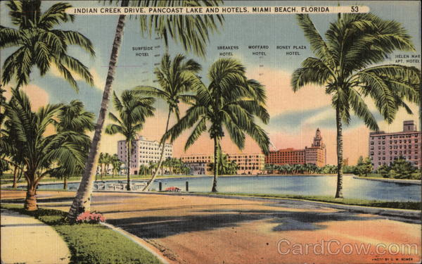 Indian Creek Drive, Pancoast Lake and Hotels Miami Beach Florida