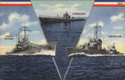 U.S. Navy Light Cruiser, Submarine, Destroyer Postcard