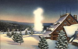 Winter Scene in Yellowstone Park Showing Old Faithful Geyser and Old Faithful Inn Postcard