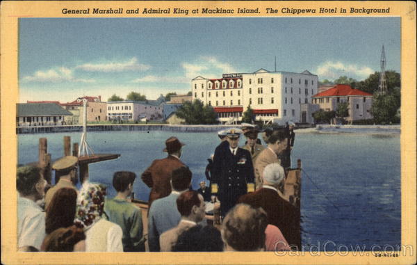 General Marshall and Admiral King at Mackinac Island, the Chippewa Hotel in Background Michigan
