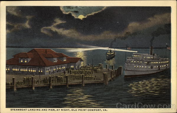 Steamboat landing and pier, at night Old Point Comfort Virginia