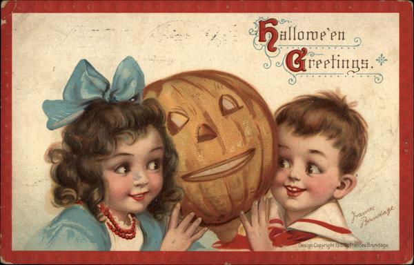 Children Smile and Hold a Carved Pumpkin Frances Brundage