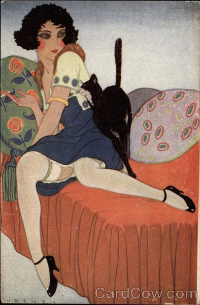Woman with Thigh-Highs and Cigarette on a Bed with a Black Cat