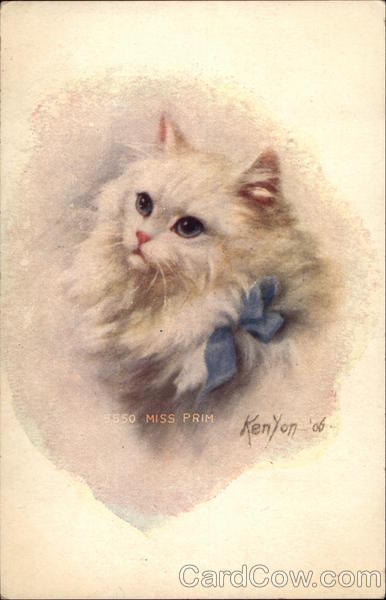 Fluffy White Cat with Blue Bow Henry Kenyon Cats