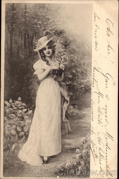 Woman in white dress holding flowers Women