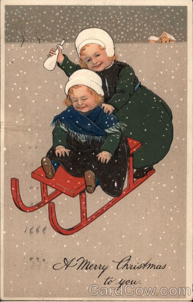 Two Girls on Red Toboggan Children