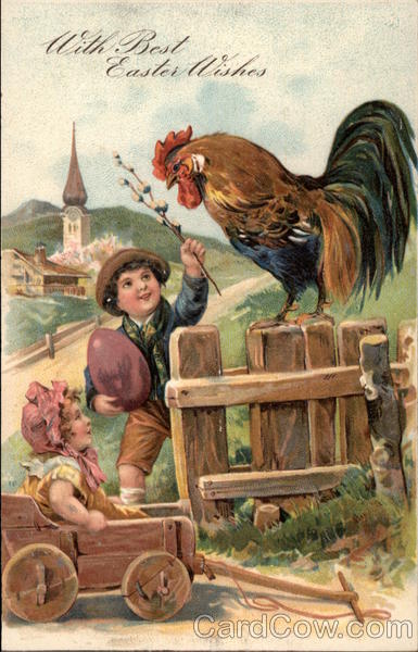 With Best Easter Wishes - Children and Rooster With Children
