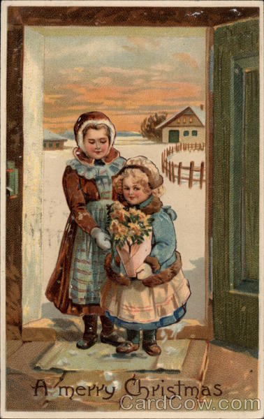 Two Girls in a Doorway with Flowers Children